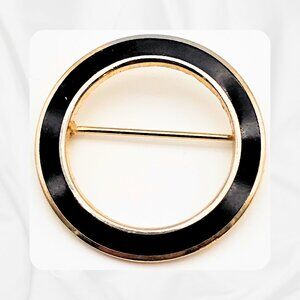 Vintage Black Enamel Circle Brooch Gold Tone Minimalist
